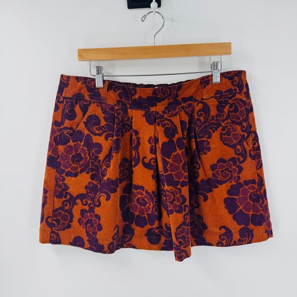 Y2K Fossil Corduroy Mini Skirt Size L Brown Purple Floral Print Retro 2000s - Picture 1 of 6